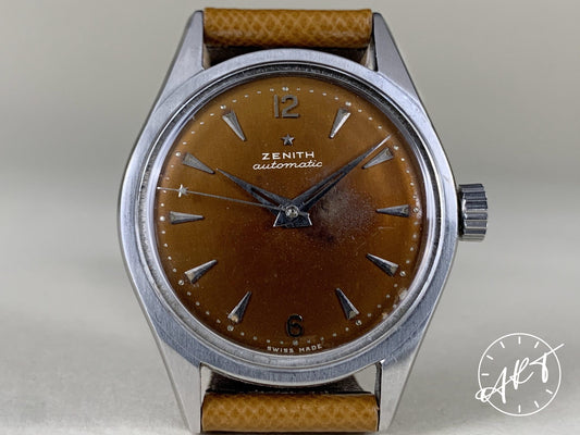 Vintage Zenith Cal 133.8 Brown Tropical Dial SS Bumper Watch w/ "Star" Hand