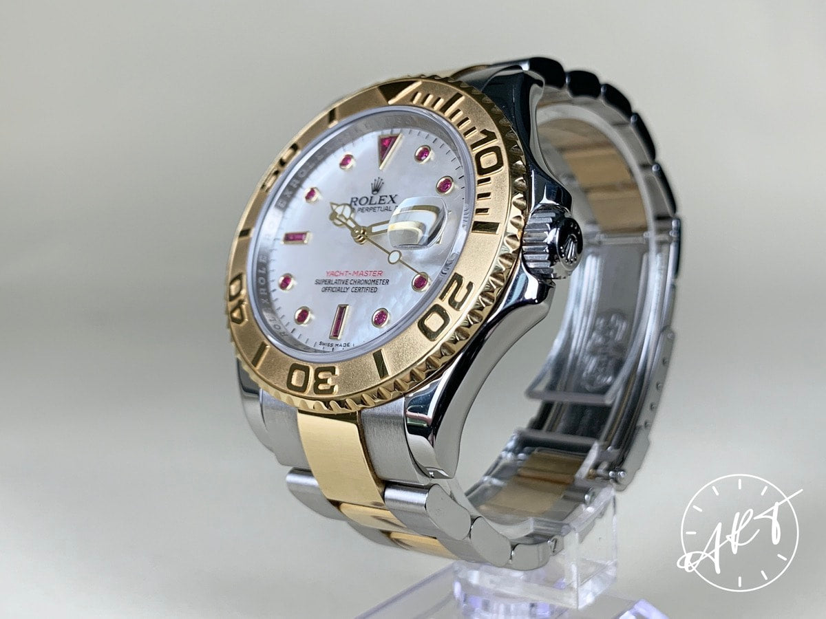 Rolex Yacht-Master MOP Mother of Pearl & Ruby Dial 18K Gold & SS Watch 16623 BP