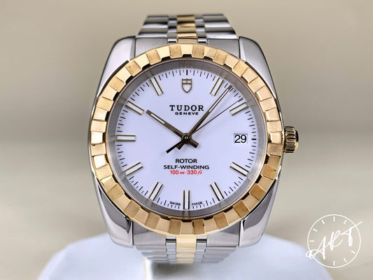 Tudor Classic Date Gold Bezel White Dial 18K Gold & SS Watch 21013 w/ Paper