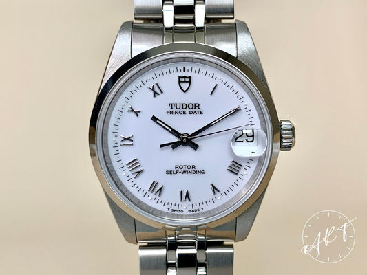 1990s Tudor Prince Date White Roman Dial Stainless Steel Auto Watch 72000 w/ B&P