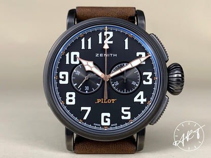 Zenith Pilot Type 20 El Primero Chronograph Black Dial Aged SS Auto Watch w/ B&P