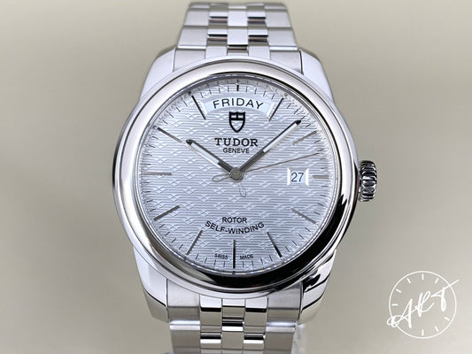 NEW Tudor Glamour Day-Date Silver Jacquard Dial SS Auto Watch 56000-0003 w/ B&P