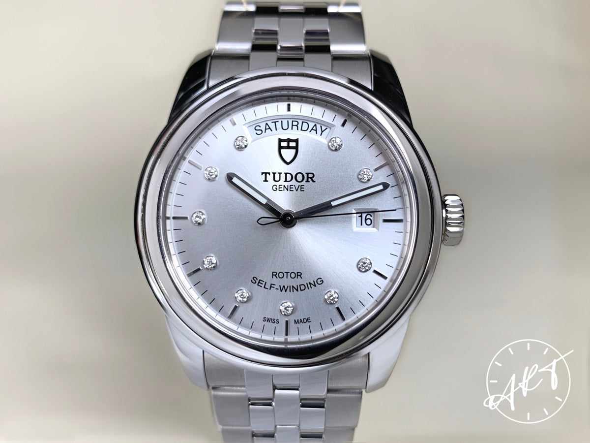 NEW Tudor Glamour Day-Date Silver Diamond Dial SS Auto Watch 56000-0006 w/ B&P