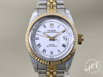 Tudor Princess Oysterdate White Roman Dial 18K Gold & SS Ladies Watch 92413N