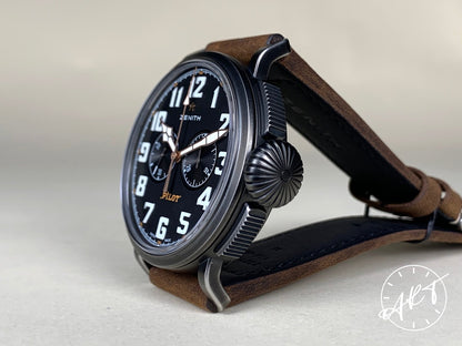 Zenith Pilot Type 20 El Primero Chronograph Black Dial Aged SS Auto Watch w/ B&P