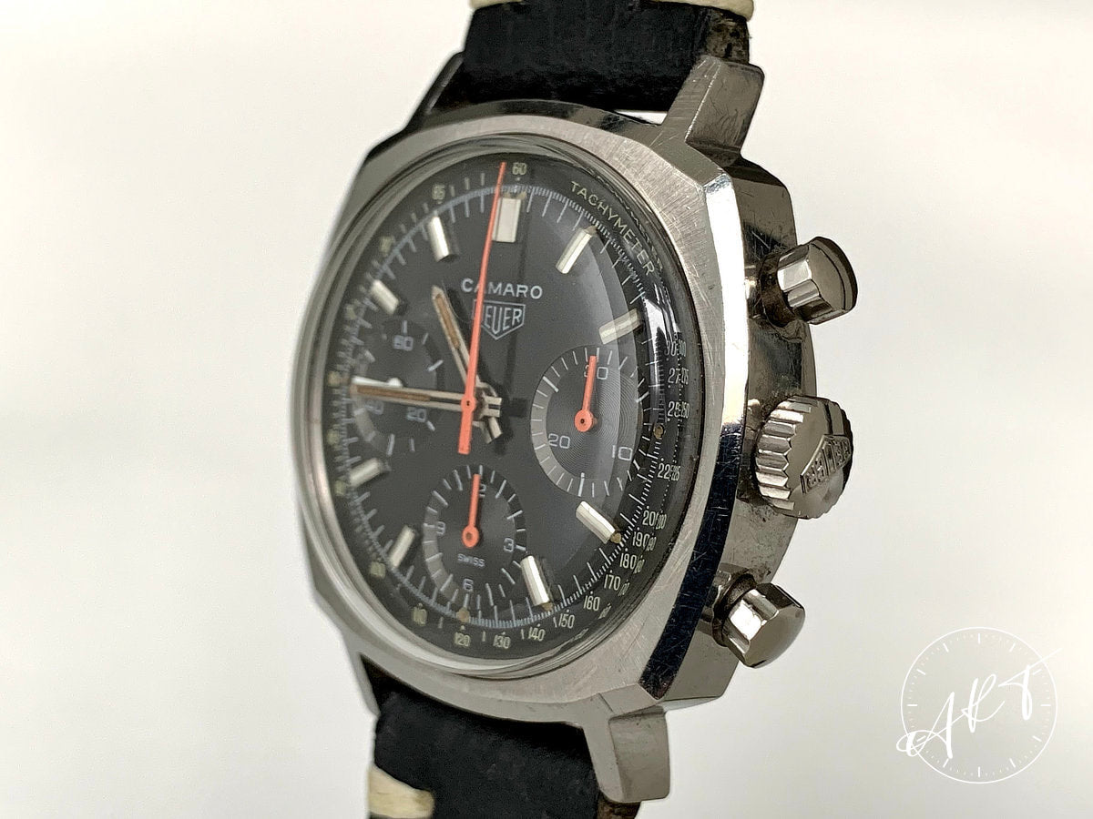 Vintage Heuer Camaro Chronograph Black Exotic Dial SS Manual Watch 73643 NT