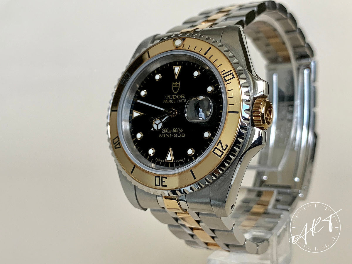 1998 Tudor Prince Date Mini-Sub Black Dial Gold & SS Diver Watch 73193 BP