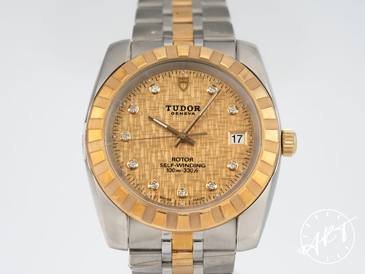 NEW Tudor Classic Gold Linen Diamond Dial Two-Tone 18K Gold & SS Auto Watch 21013 w/ Box