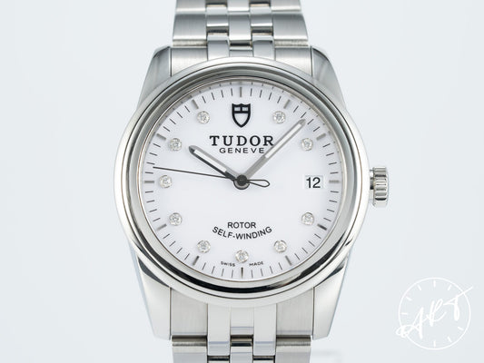 Tudor Glamour Date 36 Silver Diamond Dial SS Auto Watch 55000 w/ B&P