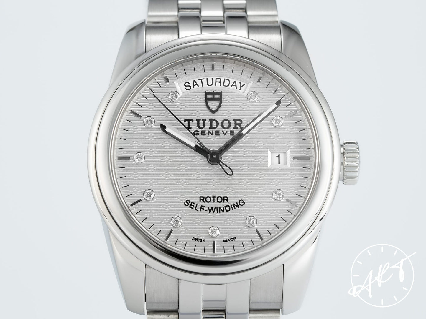 Tudor Glamour Day-Date Silver Jacquard Diamond Dial SS Auto Watch 56000-0004