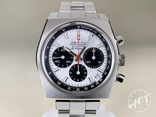 Zenith El Primero Chrono Panda Dial SS Auto A384 Revival 50th Anniv Watch BP